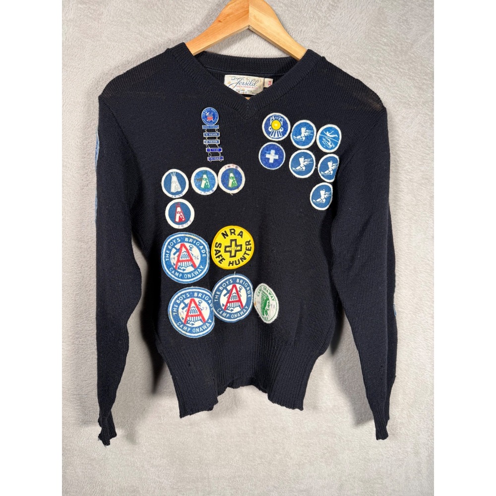 Vintage 70's Wool Sweater Boy Scouts Boys Brigade Patches Black Size 34